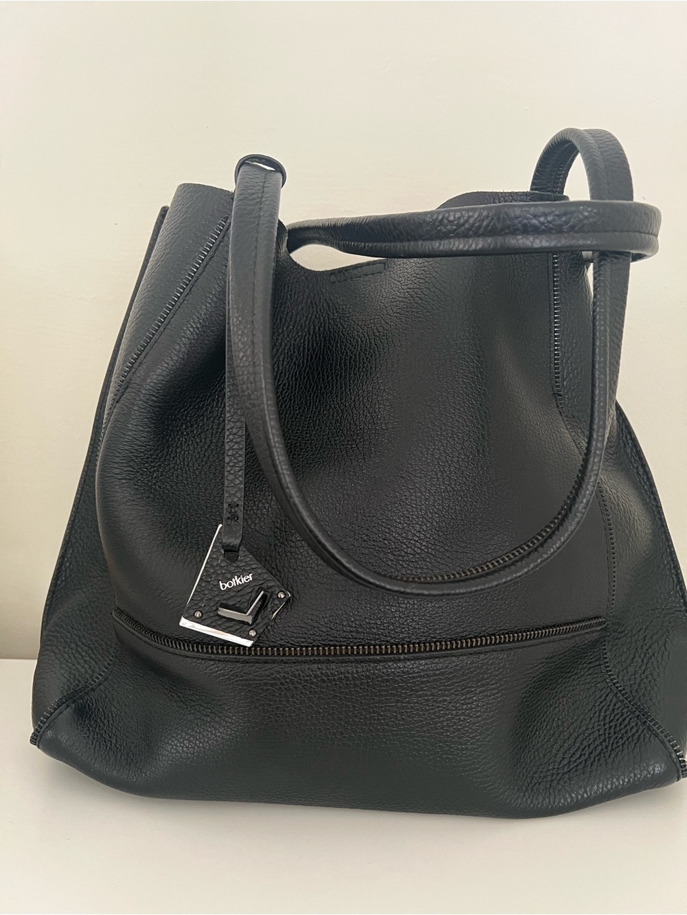Botkier Black Pebbled Leather Shoulder Bag with Front Zip Accent